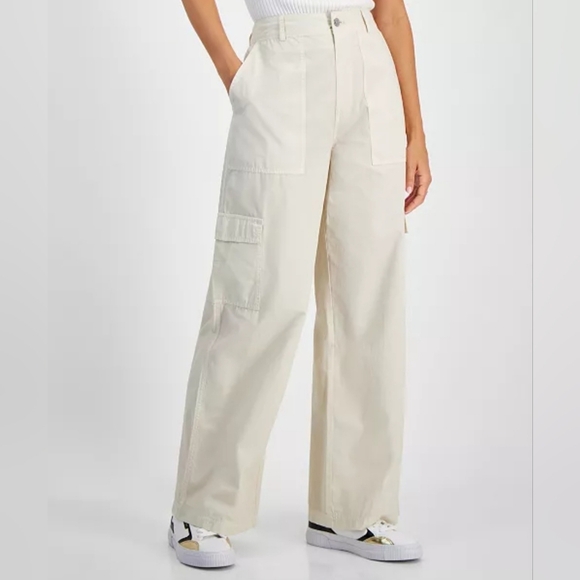 Calvin Klein | Cream Hi-Rise Wide-Leg Cargo Pants, Size 10 - Picture 1 of 12